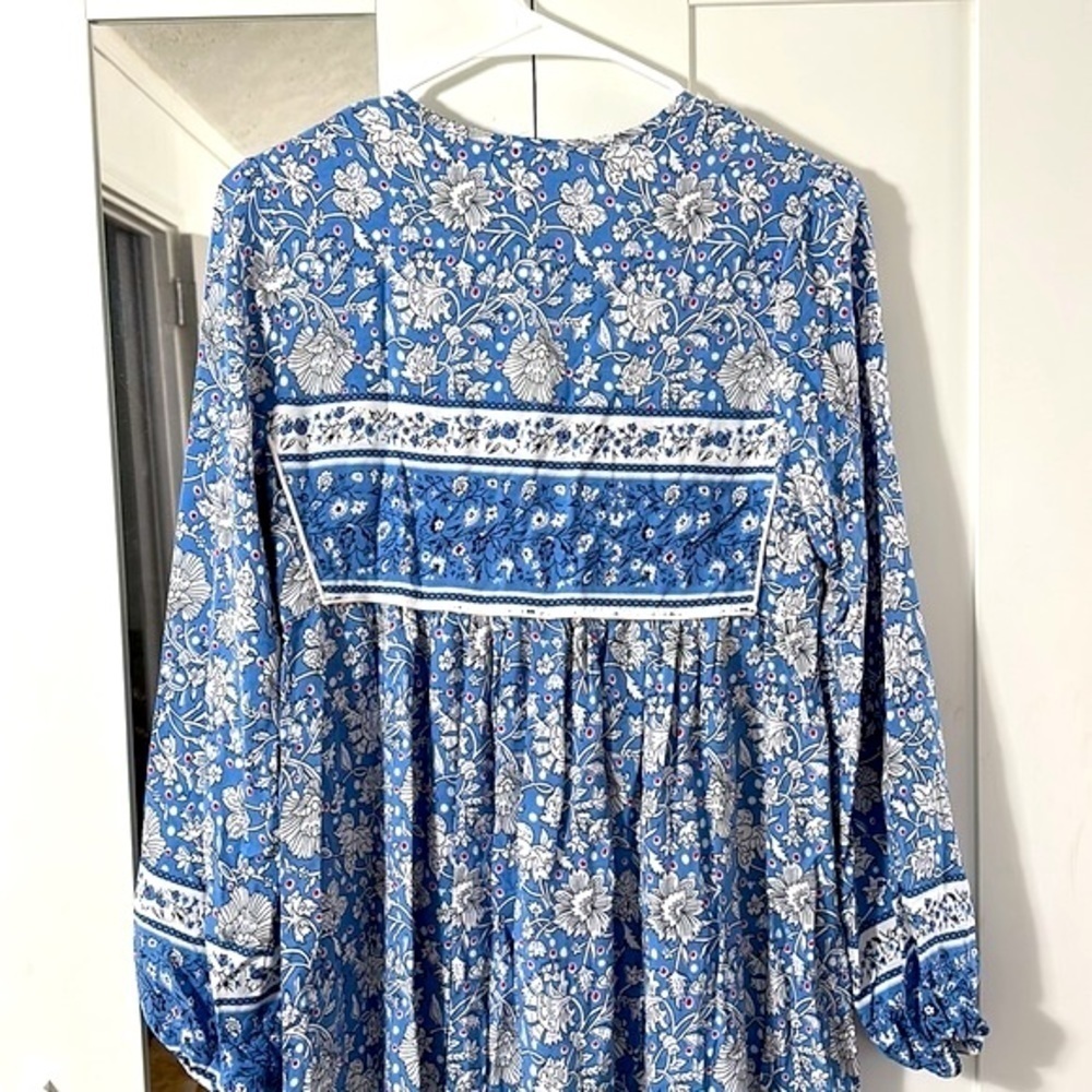 R. Vivimos Blue & White Floral Boho Print Long Sleeve V Neck with Tassels Dress - Picture 11 of 12